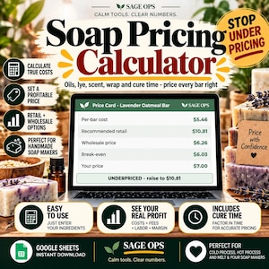 Può includere: Un calcolatore digitale per il prezzo del sapone visualizzato su uno schermo di un portatile, che mostra una scheda prezzi per una saponetta alla lavanda e avena. L'interfaccia elenca i costi unitari e i prezzi di vendita.