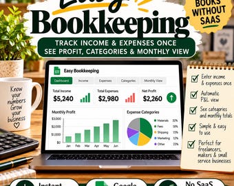 Small Business Bookkeeping Spreadsheet and Expense Tracker, Income, Expenses and Profit, Google Sheets