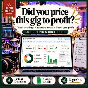 May include: A digital spreadsheet template for DJ booking and gig profit tracking displayed on a laptop screen. The dashboard shows gig fees, costs, net profit, profit margins, and event type charts. Includes text: Did you price this gig to profit?