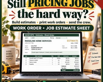 Estimate Template Google Sheets, Work Order Template, Job Estimate Spreadsheet, Contractor Quote and Work Order Form, Trades Business