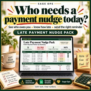May include: A digital Late Payment Nudge Pack spreadsheet displayed on a laptop screen, featuring client invoice summaries, overdue payment tracking, and reminder templates. Includes a mug, a notepad with invoicing checklists, and a sticky note.