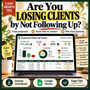 May include: A digital proposal and follow-up tracker displayed on a laptop screen. The interface shows metrics like open pipeline value, win rate, and proposal status. Text includes 'Are You LOSING CLIENTS by Not Following Up?' and 'Sage Ops'.