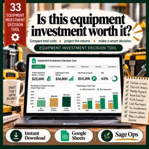 Puede incluir: Una herramienta digital de decisión de inversión en equipos mostrada en una pantalla de portátil, con paneles financieros, gráficos de barras y métricas de ROI. La interfaz incluye pestañas de análisis de costes y un bloc de notas al lado.