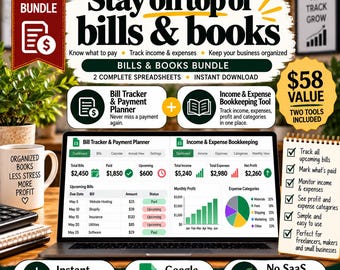 Small Business Bookkeeping Spreadsheet and Invoice Template Bundle, Income, Expenses and Billing, Google Sheets