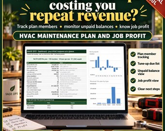 HVAC Business Spreadsheet, Maintenance Plan Tracker and HVAC Job Profit Tracker, Tune Up Reminders and Service Agreements, Google Sheets