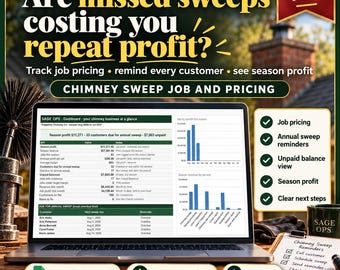 Chimney Sweep Spreadsheet, Chimney Service Job and Pricing Tracker for Sweeps, Annual Sweep Reminders and Profit Tracker, Google Sheets