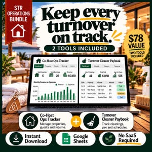 Könnte beinhalten: Ein digitales STR Operations Bundle mit einem Co-Host Ops Tracker und einem Turnover Cleaner Paybook auf einem Laptop-Bildschirm. Die Benutzeroberfläche zeigt Immobiliendaten, Umsatzdiagramme und Reinigungspläne.