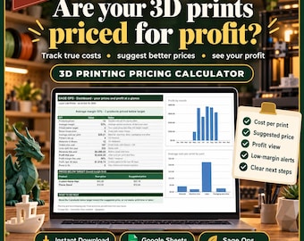 3D Printing Pricing Calculator Google Sheets, 3D Print Cost Calculator, Filament Cost Spreadsheet, Etsy Pricing Template for 3D Print Shops