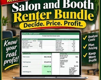 May include: A digital spreadsheet displayed on a laptop screen titled Salon and Booth Renter Bundle. The interface includes sections for commission, booth rental projections, summary KPIs, and stylist KPIs with numerical data tables.