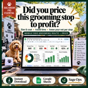 May include: A digital spreadsheet template for mobile dog grooming businesses displayed on a laptop screen. The interface shows financial metrics, cost breakdowns, and profit charts. A golden doodle dog sits nearby, and a clipboard lists service features.