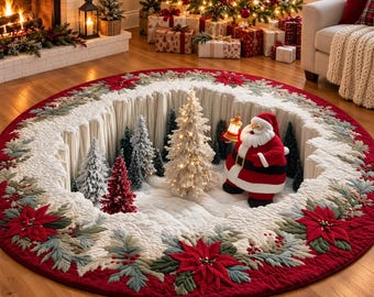 Christmas 3D Illusion Rug, Santa Claus and Gnome Area Rug, Funny Christmas Floor Mat, Holiday Living Room Decor, Festive Xmas Carpet