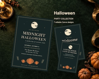 Editable Halloween Party Bundle, 7 Canva Templates, Invitation, Welcome Sign, Food Labels and Thank You Card
