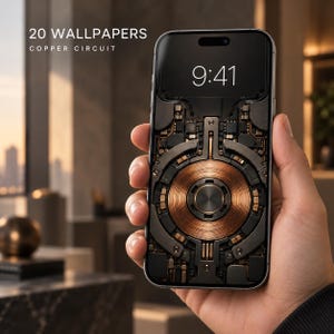 May include: A smartphone displaying a digital wallpaper titled 20 WALLPAPERS COPPER CIRCUIT. The screen features a detailed graphic of a circular copper coil surrounded by dark mechanical components and circuitry, with the time 9:41 displayed at the top.