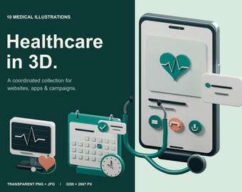 Healthcare 3D Illustration Bundle, 10 Medical Designs, Transparent PNG and JPG Graphics