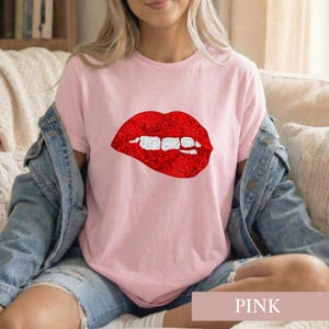 Red Sequin Lips Shirt, Biting Lip Graphic Tee, Glam Sparkle Sweatshirt, Trendy Sassy Gift