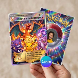 May include: Two holographic trading card-style birthday invitations featuring Charizard, Pikachu, Gengar, and Mewtwo. The text reads Justin's 5th Birthday, Sunday, June 28, 2:00 PM-4:00 PM, 123 Anywhere Street, Any City, and RSVP: (234) 567-6789.