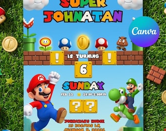 Invito di compleanno a tema Super Mario, modello Canva modificabile, invito per festa di Mario Bros per bambini e bambine, formato 5x7 stampabile, download digitale immediato.