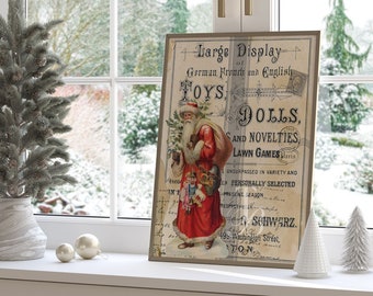 Vintage Santa Claus Christmas Art Print | Holiday Toys and Dolls Ephemera Graphic DIY Instant Digital Download Printable