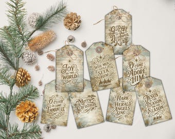 Christmas Gift Tags Set of 8 | Printable Scripture Tags | Vintage Nativity Holiday Tags | Christian Faith Printable