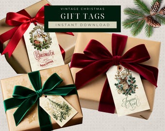 Vintage Christmas Gift Tags | Digital Download Holiday Printable | Santa & Reindeer Ephemera, Retro Christmas