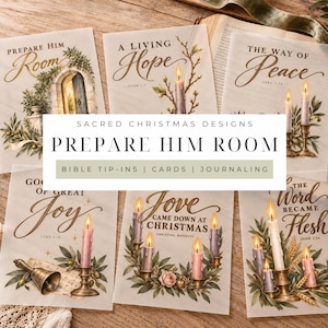 Puede incluir: Una colección de seis hojas de papel vitela translúcido con ilustraciones religiosas navideñas, que incluyen velas encendidas, vegetación y textos caligráficos como Prepare Him Room, A Living Hope, The Way of Peace, Good of Great Joy, Love Came Down at Christmas y The Word Became Flesh.