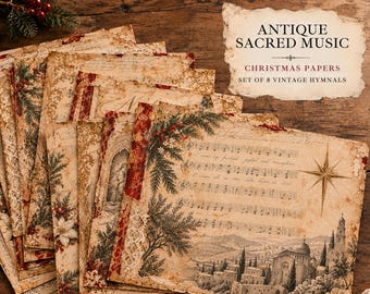 Antique Christmas Hymnal Digital Papers | Vintage Sacred Music Scrapbook Paper | 12x12 Christmas Junk Journal Papers