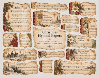 Christmas Junk Journal Ephemera PNG, Vintage Hymnal Sheet Music, 20 Transparent Torn Papers