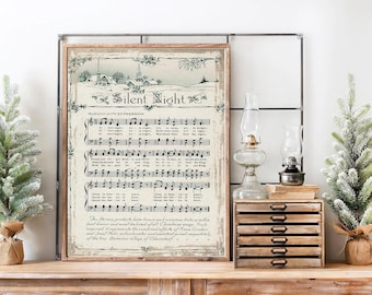 Silent Night Sheet Music Printable Art - Christmas Carol - Instant Digital Download Holiday Art Print, Print On Demand