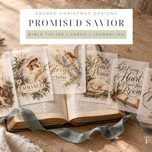 May include: A collection of translucent paper cards featuring religious Christmas illustrations and calligraphy text including A Savior is Born, Emmanuel, Glory to God, Prince of Peace, Let Every Heart Prepare Him Room, and Come Let Us Ador Him.