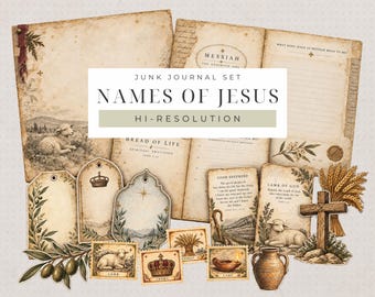 Names of Jesus Junk Journal Set, Christian Christmas Printable, Prayer Cards, Gift Tags, Digital Papers and Faith Ephemera