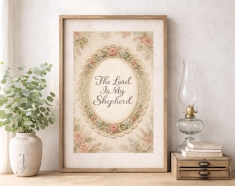Scripture Wall Art - The Lord Is My Shepherd | Vintage Faux Needlepoint Christian Wall Decor