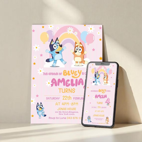 Bluey Birthday Invitation, Birthday Girl Party Invite, Bluey Birthday Party Invite Canva Editable, Birthday Gifts, Birthday Family Matching
