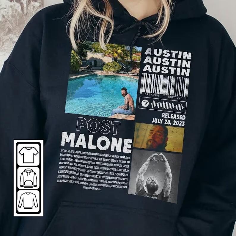 Puede incluir: Sudadera con capucha negra con un dise&ntilde;o gr&aacute;fico con el texto "AUSTIN" y "POST MALONE". El dise&ntilde;o incluye im&aacute;genes de una piscina, una persona y un c&oacute;digo de barras. La sudadera tambi&eacute;n tiene el texto "RELEASED JULY 28, 2023".