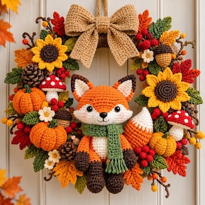 Woodland Fox Crochet Wreath Pattern PDF, Fall Autumn Wreath Crochet Pattern, Fox Pumpkin Mushroom Door Decor, Thanksgiving DIY Crochet