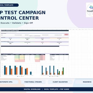 Può includere: Un modello Excel intitolato ERP Test Campaign Control Center che presenta una dashboard con panoramica del progetto, metriche di esecuzione, stato di avanzamento della convalida e tabelle di dati dei flussi funzionali con grafici a barre per il monitoraggio.