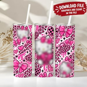 May include: Three cylindrical tumblers with white straws, featuring a pink and black leopard print pattern, pink bows, hearts, and dripping paint effects. The text at the top right reads: DOWNLOAD FILE GRAPHICS ARE CLEAR IN THE FILE.