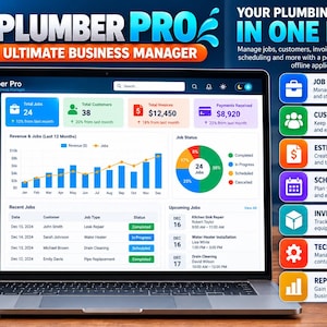 May include: A laptop displaying the Plumber Pro business management software dashboard with job tracking, customer records, and financial analytics. The screen shows charts, tables, and a sidebar menu, alongside a list of features for plumbing business management.