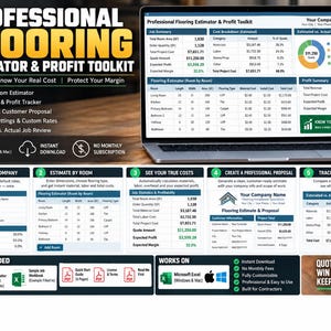 May include: A digital Professional Flooring Estimator & Profit Toolkit displayed on a laptop screen, featuring Excel-based spreadsheets for job summaries, cost breakdowns, profit tracking, and professional customer proposal templates for contractors.