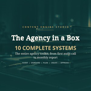 May include: A stack of dark books with the text CONTENT ENGINE STUDIO, The Agency in a Box, 10 COMPLETE SYSTEMS, The entire agency toolkit, from first audit call to monthly report, and AUDIT | ONBOARD | PLAN | CREATE | APPROVE on the cover.