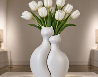 Vaso con stampa 3D di coppia di gatti, vaso minimalista bianco con gatti, decorazione per la casa per amanti dei gatti, regalo unico per anniversario o matrimonio, vaso per fiori scultoreo.
