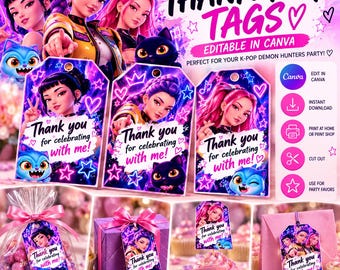 Kpop Demon Hunters bedankkaartjes | Bewerkbare Canva-sjabloon | Printbare kaartjes voor verjaardagsfeestjes