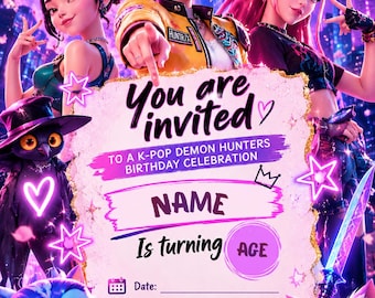 Op de afbeelding: Een digitale verjaardagsuitnodigingskaart met drie geanimeerde personages in een neonverlichte stad. De tekst luidt: You are invited to a K-pop demon hunters birthday celebration, Name, Is turning, Age, Date, Time, Location en RSVP.
