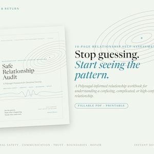 May include: A 10-page relationship self-assessment workbook titled Safe Relationship Audit. The document features a Polyvagal-informed framework, a fillable PDF and printable format, and text stating: Stop guessing. Start seeing the pattern.
