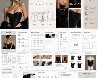 Peut inclure: Un patron de couture numérique pour corset comprenant un corset noir sans bretelles avec un dos lacé. Le document inclut un tableau des mesures, une liste de matériel, un guide d'assemblage, un tutoriel et des pièces pour tailles XS à XXL.
