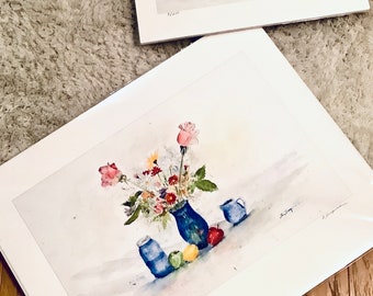 Roses Still Life Original Watercolor by Scott Dupras - Limited Edition  - Antique Kitchen Blue Fruit