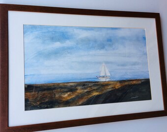 Lone Sail Boat - an Original Framed Watercolor by Scott Dupras - Limited Edition Fine Art Giclee Prints available