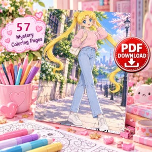 Peut inclure: Un ensemble de livres de coloriage numériques comprenant 57 pages de coloriage mystère avec une icône de téléchargement PDF. L'image centrale représente un personnage d'anime aux longs cheveux blonds, portant un haut rose, un jean bleu clair.