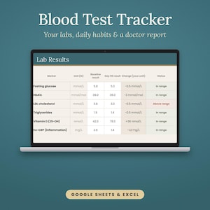 Könnte beinhalten: Ein digitaler Bluttest-Tracker auf einem Laptop-Bildschirm mit einer Laborergebnistabelle, die Spalten für Marker, Einheiten, Basiswerte, 90-Tage-Ergebnisse, Veränderungen und Status enthält. Darunter steht der Text Google Sheets & Excel.