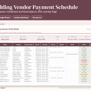Pode incluir: Um modelo digital de cronograma de pagamentos para fornecedores de casamento para Excel e Google Sheets. A planilha apresenta colunas para fornecedor, categoria, tipo de pagamento, valor, data de vencimento, data de pagamento e status.