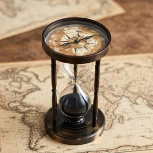 Vintage Brass Hourglass with Double Compass | Nautical Desk Decor (5 Minute Timer)